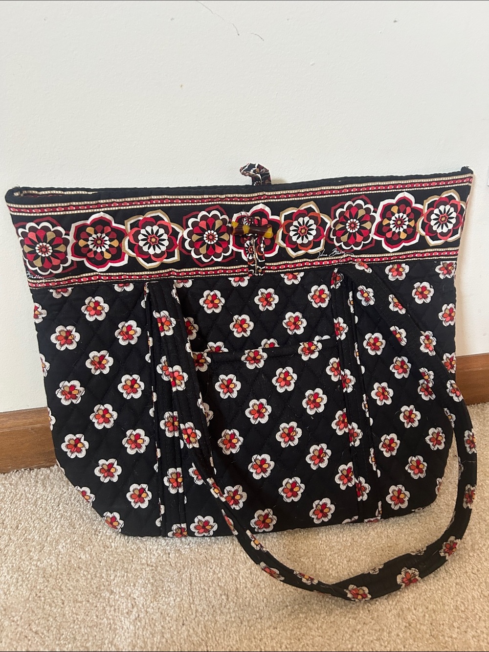 Vera Bradley Black Floral Quilted Tote with Red & White Accents